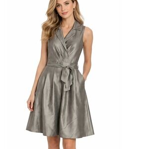 Jessica Howard 6P Dress Fit and Flare Metallic Belted Sleeveless Silver Event‎